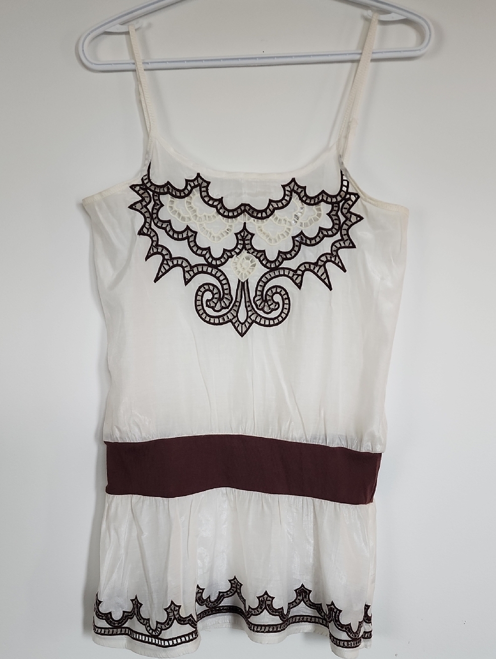 Adiktd White Tank Top with Brown Trim and Embroidery